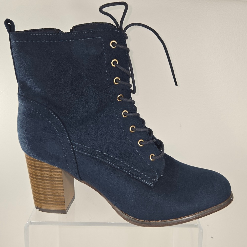 Navy Blue Faux Suede Lace Up Ankle Boots Block Heel Side Zip Size 11 PO 001623